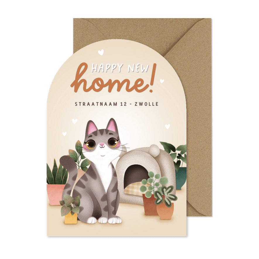 Lieve verhuiskaart kat kattenmand en planten in boogvorm - Kaartimpressie