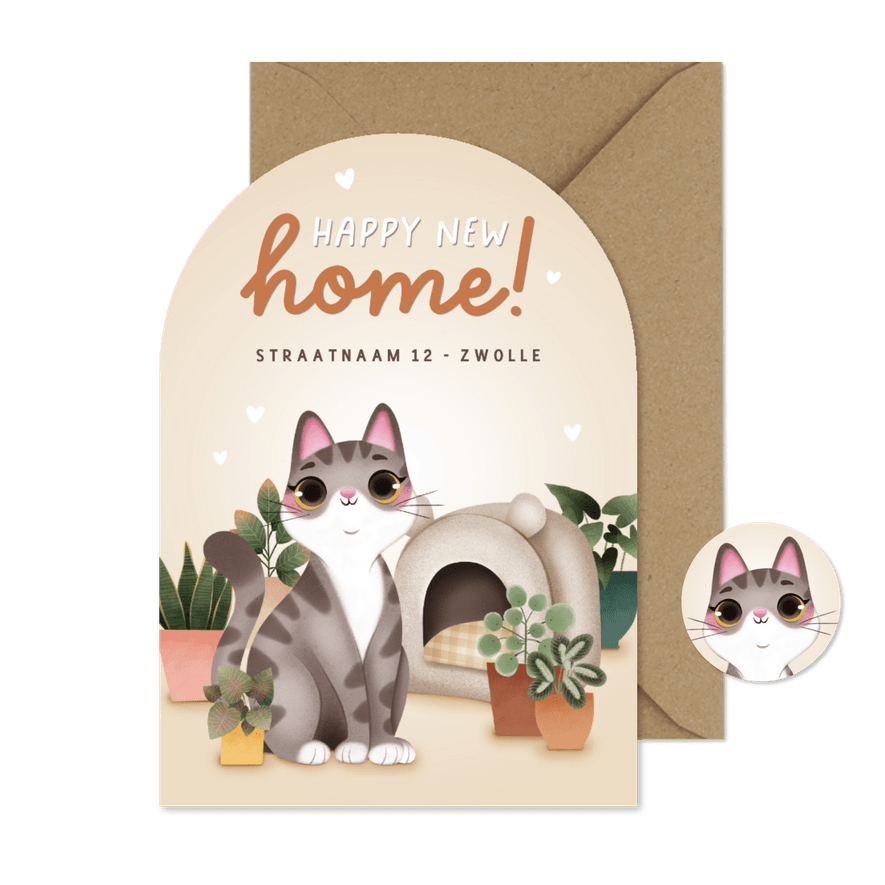 Lieve verhuiskaart kat kattenmand en planten in boogvorm - Kaartimpressie