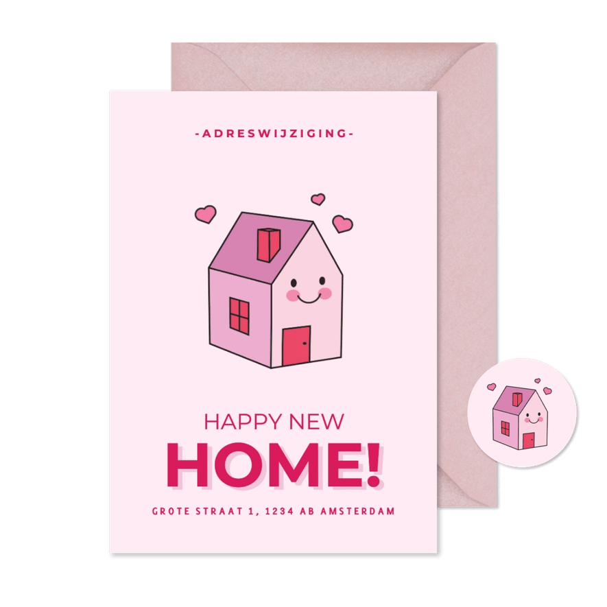 Lieve verhuiskaart met lachend roze huisje en hartjes - Kaartimpressie