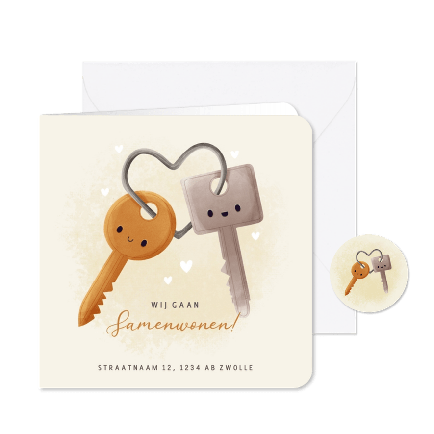 Lieve verhuiskaart samenwonen met sleutels en hartjes - Kaartimpressie