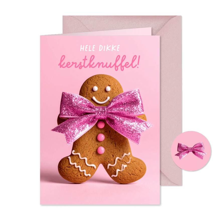 Lieve vrolijke kerstkaart met gemberkoek mannetje en strik - Kaartimpressie