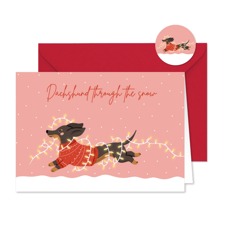 Lieve vrolijke kerstkaartjes met teckel en kerstlampjes - Kaartimpressie