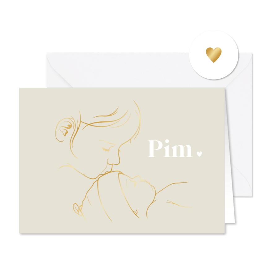 Liggend geboortekaartje goudillustratie – zus kust baby - Kaartimpressie