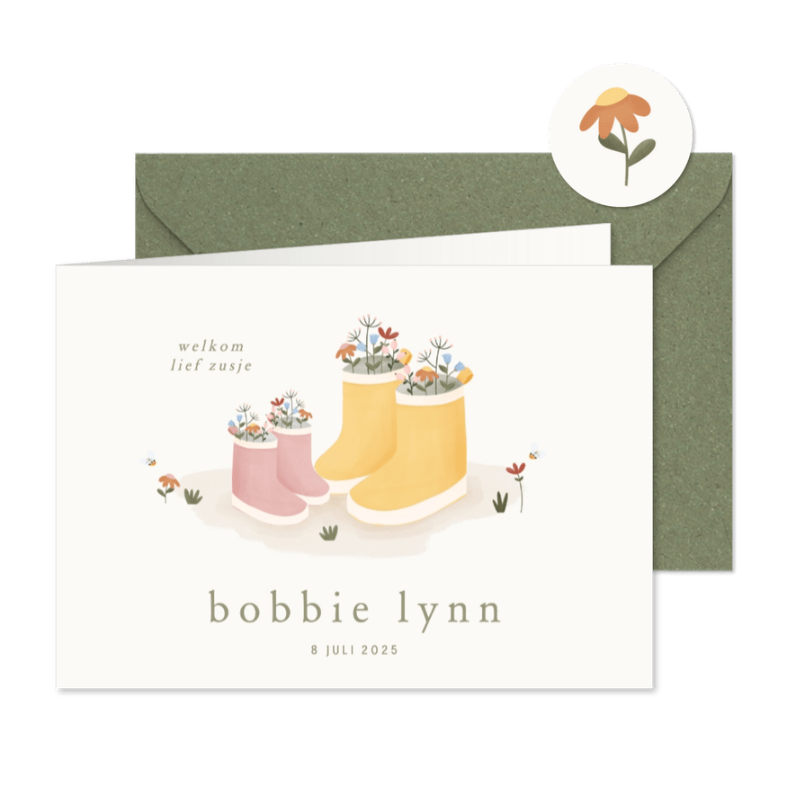Liggend geboortekaartje zusje roze laarsjes en bloemetjes - Kaartimpressie