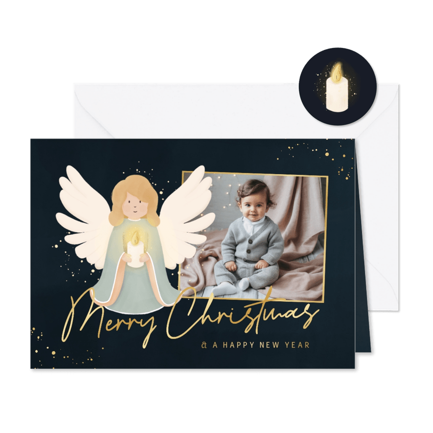 Liggend kerstkaartje met engel foto en goudfolie - Kaartimpressie
