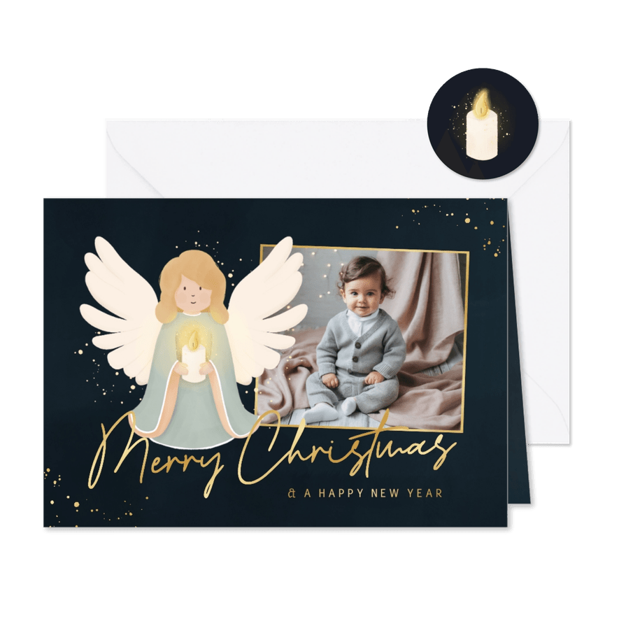 Liggend kerstkaartje met engel foto en goudfolie - Kaartimpressie