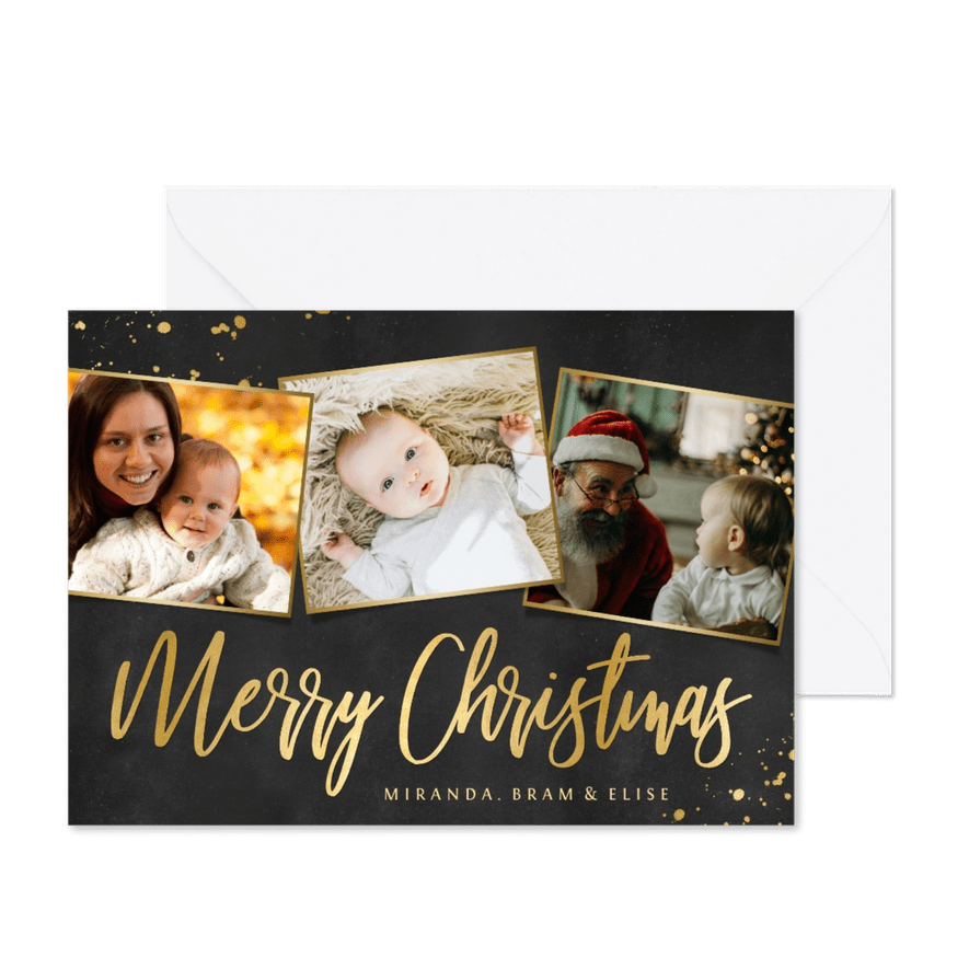 Liggende fotocollage kerstkaart zwart met goud en 3 foto's - Kaartimpressie