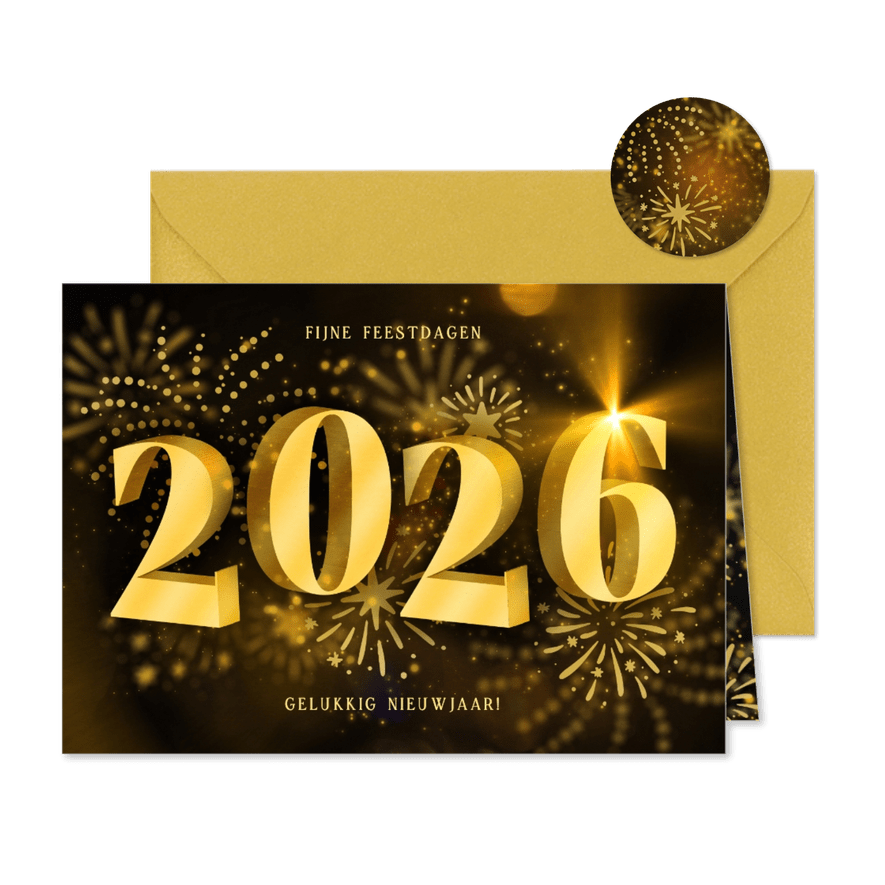 Liggende kerstkaart 2026 3D met vuurwerk - Kaartimpressie