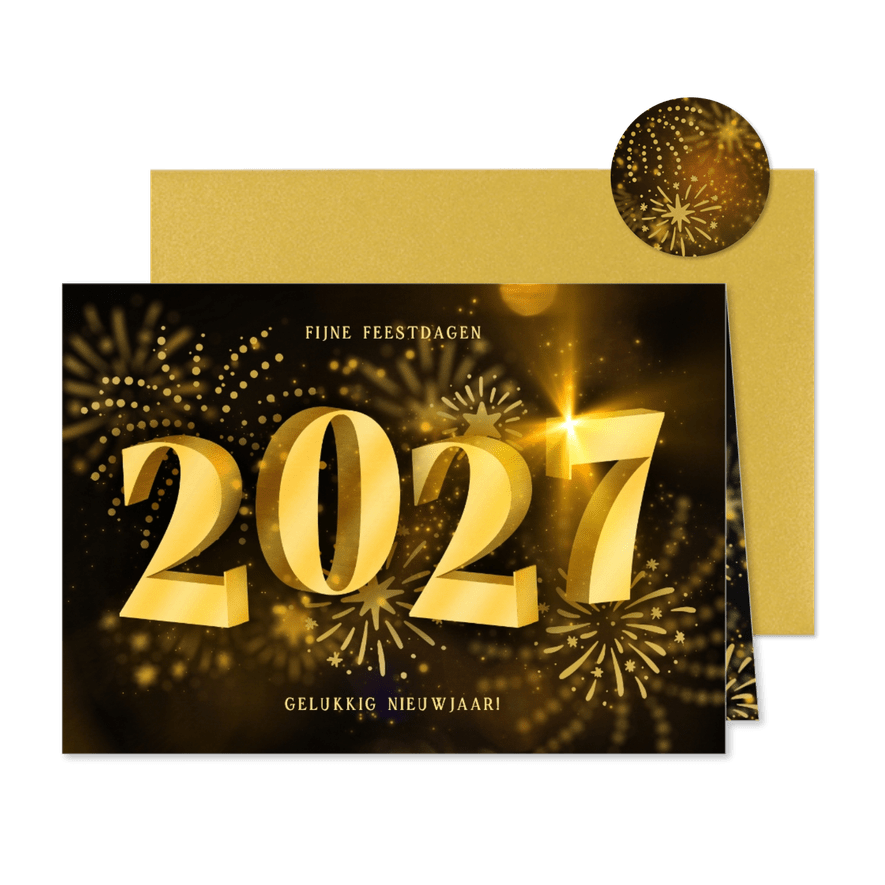Liggende kerstkaart 2027 3D met vuurwerk - Kaartimpressie