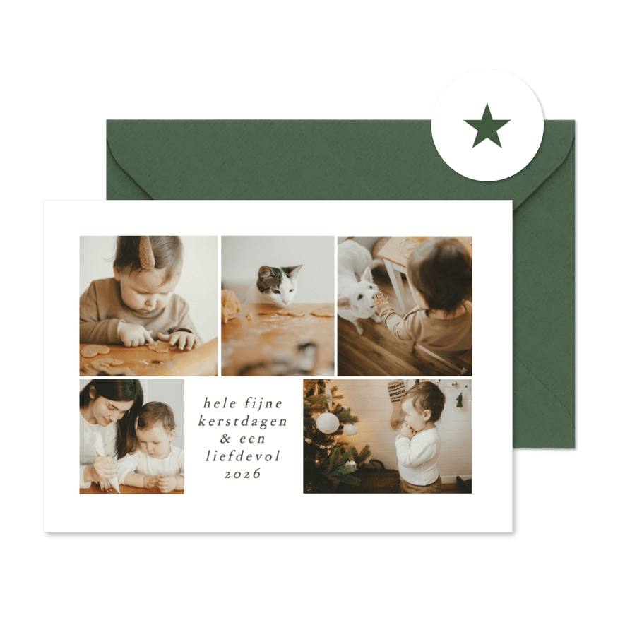 Liggende kerstkaart fotocollage vijf foto's minimalistisch - Kaartimpressie