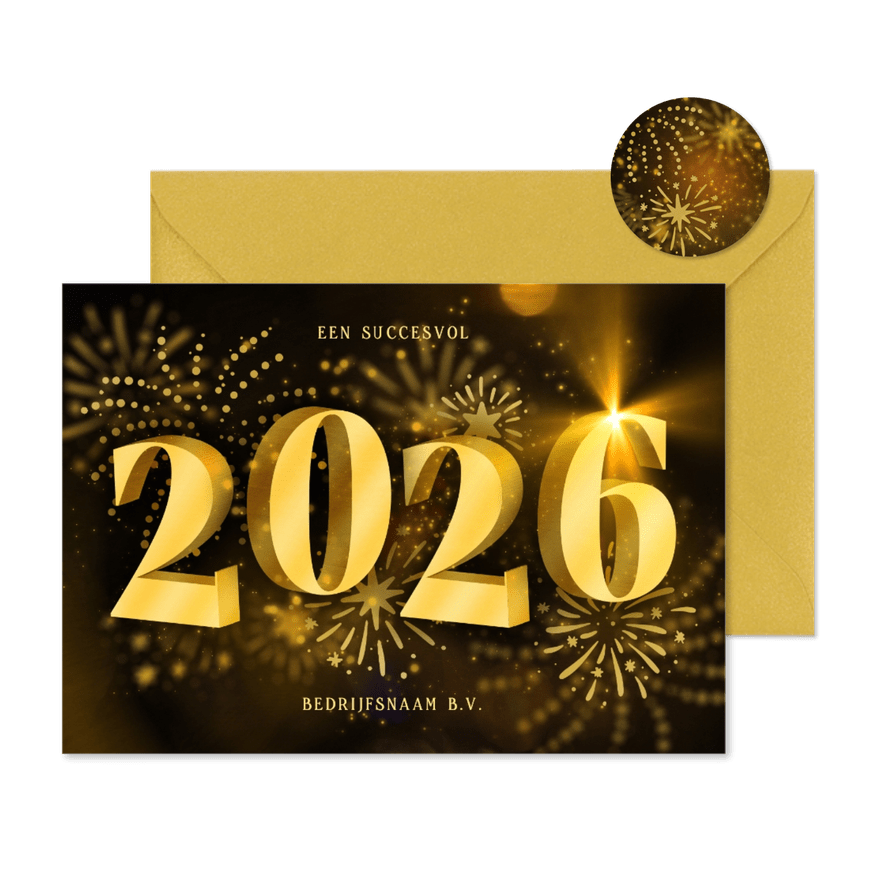 Liggende nieuwjaarskaart zakelijk 2026 3D met vuurwerk - Kaartimpressie