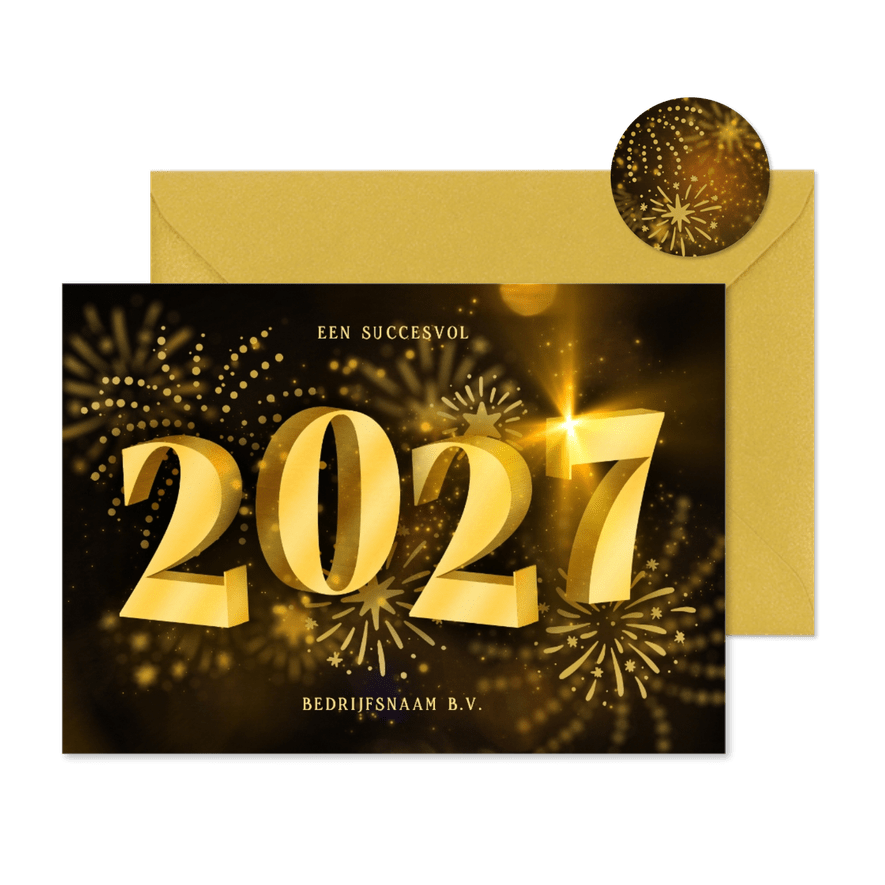Liggende nieuwjaarskaart zakelijk 2027 3D met vuurwerk - Kaartimpressie