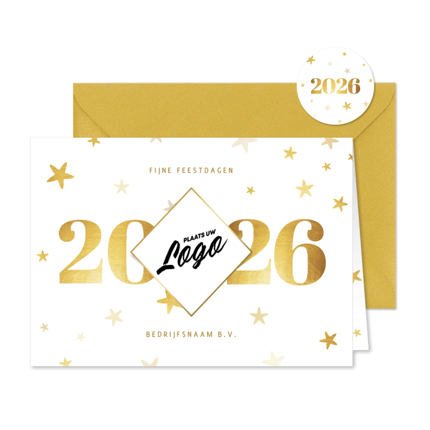 Liggende zakelijke kerstkaart 2026 met logo ruit en sterren - Kaartimpressie