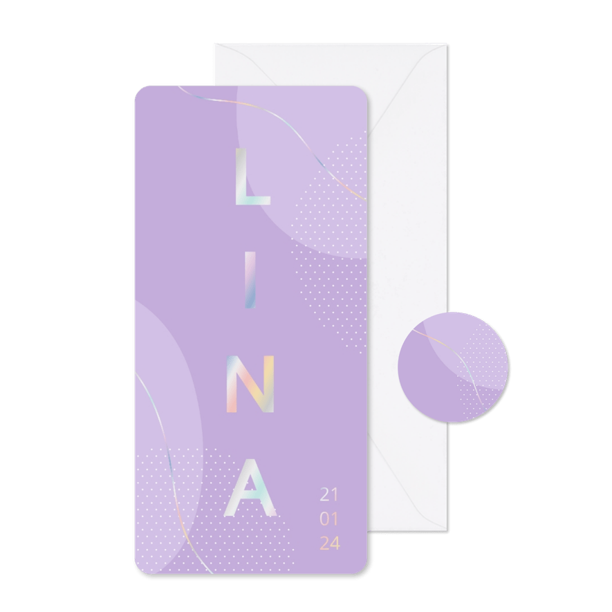 Lila abstract geboortekaartje met holografisch folie - Kaartimpressie