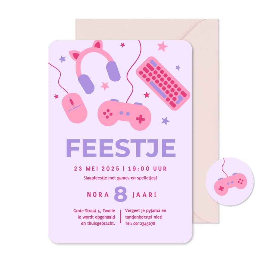 Lila kinderfeestje uitnodiging gamen meisje - Kaartimpressie