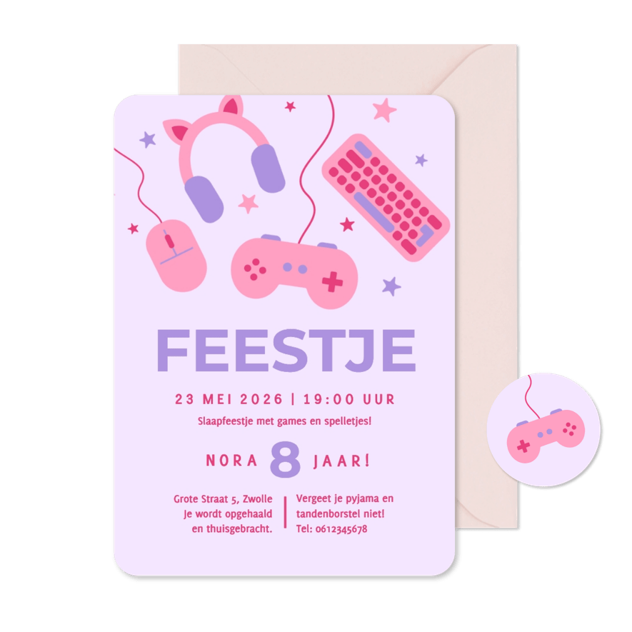 Lila kinderfeestje uitnodiging gamen meisje - Kaartimpressie
