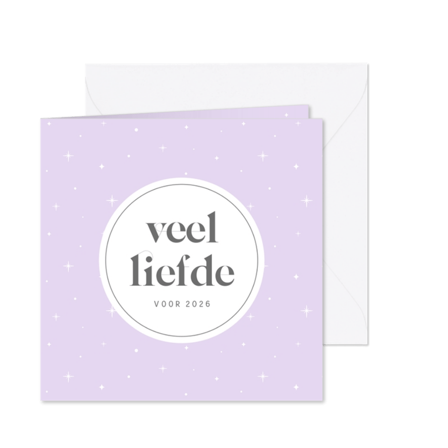Lila nieuwjaarskaart veel liefde met sterren - Kaartimpressie