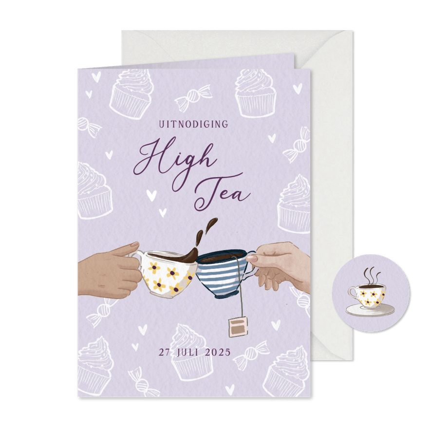 Lila uitnodiging voor een high tea met theekopjes - Kaartimpressie