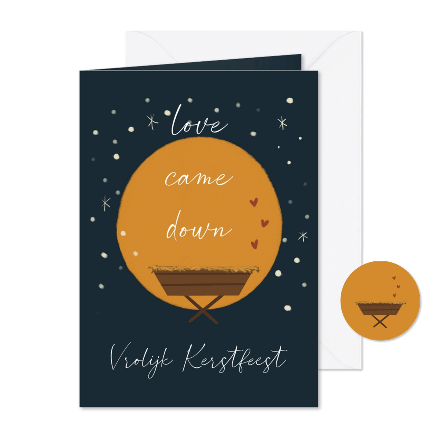 Love came down Christelijke kerstkaart met kribbe - Kaartimpressie