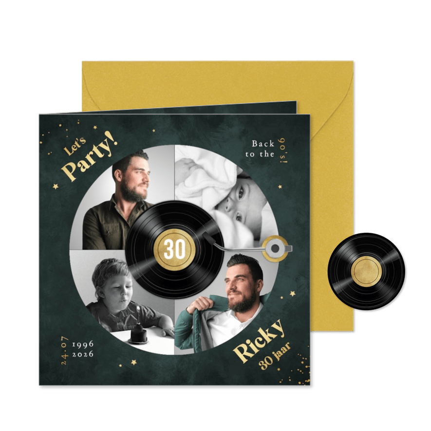 LP plaat uitnodigingskaart muziek feestje goud foto's - Kaartimpressie