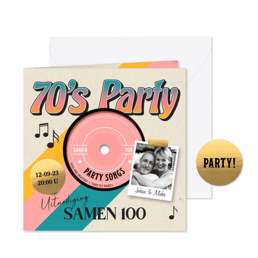 LP uitnodiging 70's party - Kaartimpressie