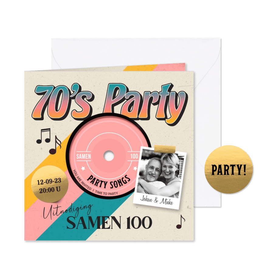 LP uitnodiging 70's party  - Kaartimpressie