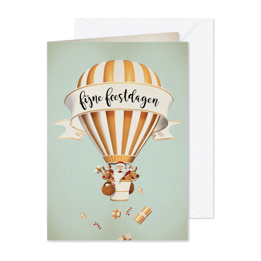 Luchtballon in wit met goud met kerstman en rendiertjes - Kaartimpressie