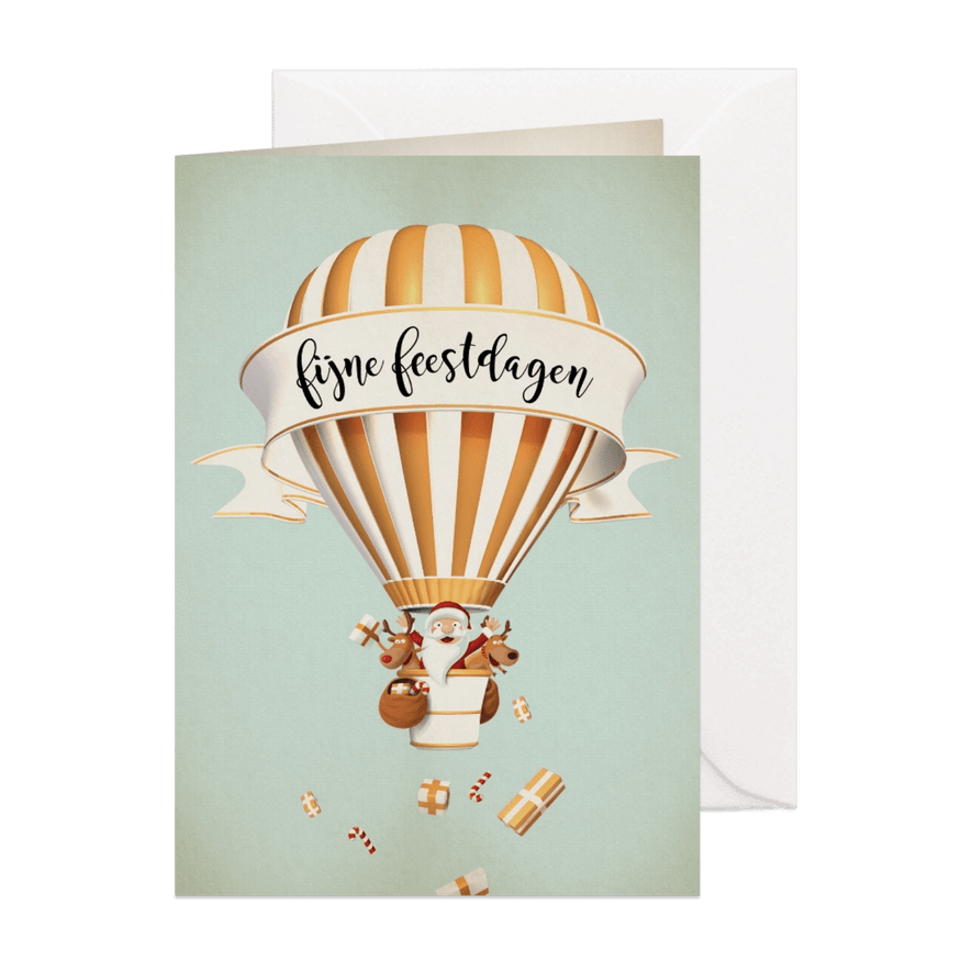 Luchtballon in wit met goud met kerstman en rendiertjes - Kaartimpressie