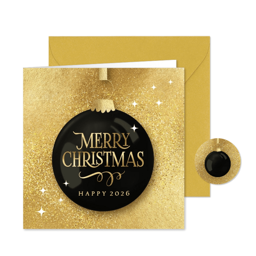 Luxe gouden kerstkaart kerstbal Merry Christmas - Kaartimpressie