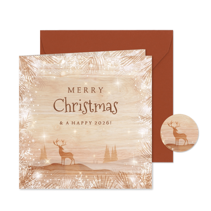 Luxe houtlook kerstkaart zakelijk met rendier in landschap  - Kaartimpressie
