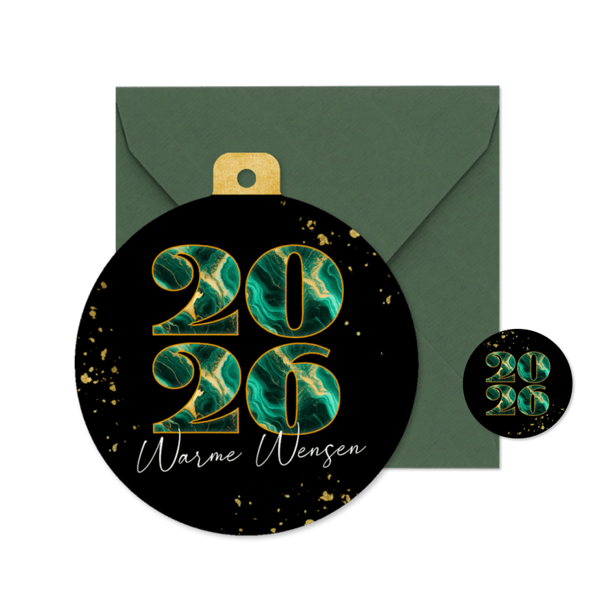 Luxe kerstkaart kerstbal marmer jaartal zwart en groen - Kaartimpressie