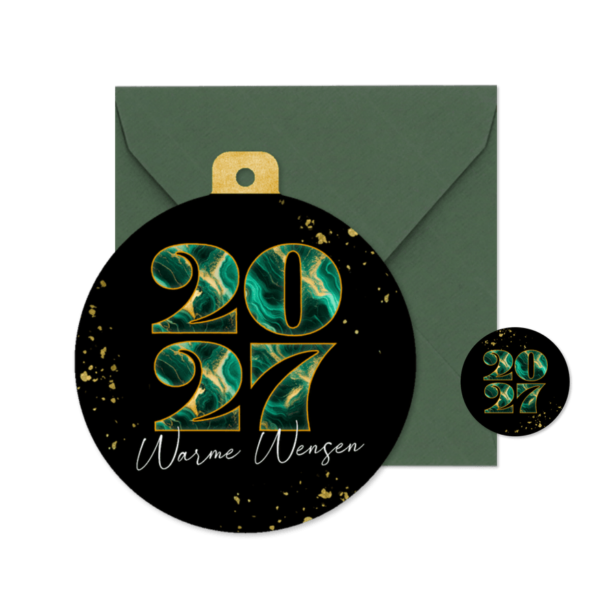 Luxe kerstkaart kerstbal marmer jaartal zwart en groen - Kaartimpressie