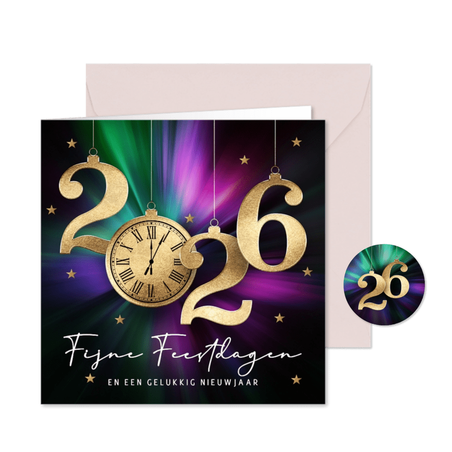 Luxe nieuwjaarskaart 2026 met gouden klok - Kaartimpressie