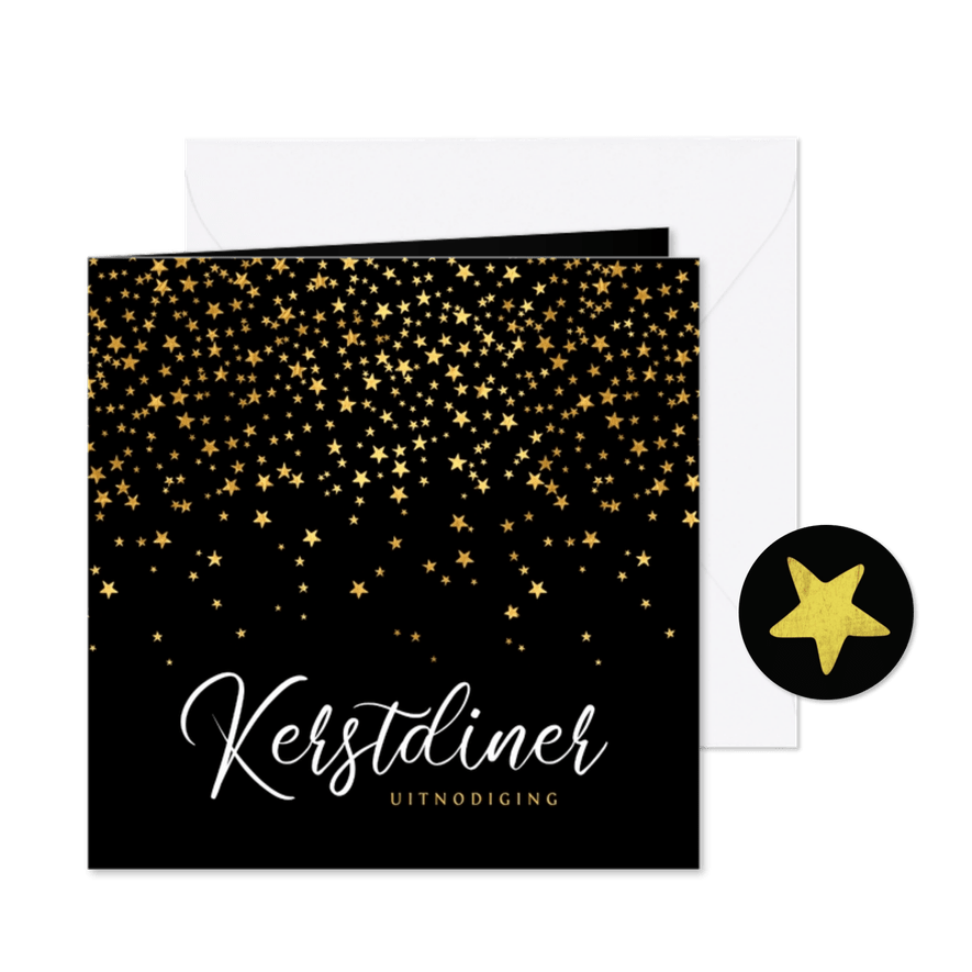 luxe uitnodiging kerstdiner sterren goud confetti - Kaartimpressie