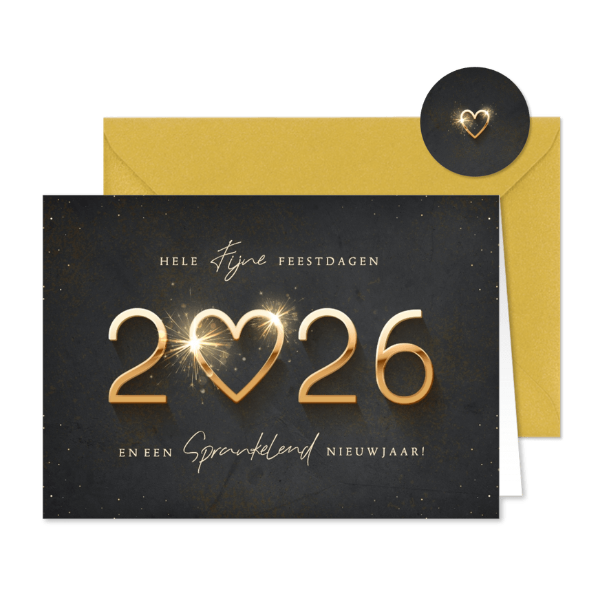 Luxe zakelijke kerstkaart gouden jaartal en sprankelend hart - Kaartimpressie