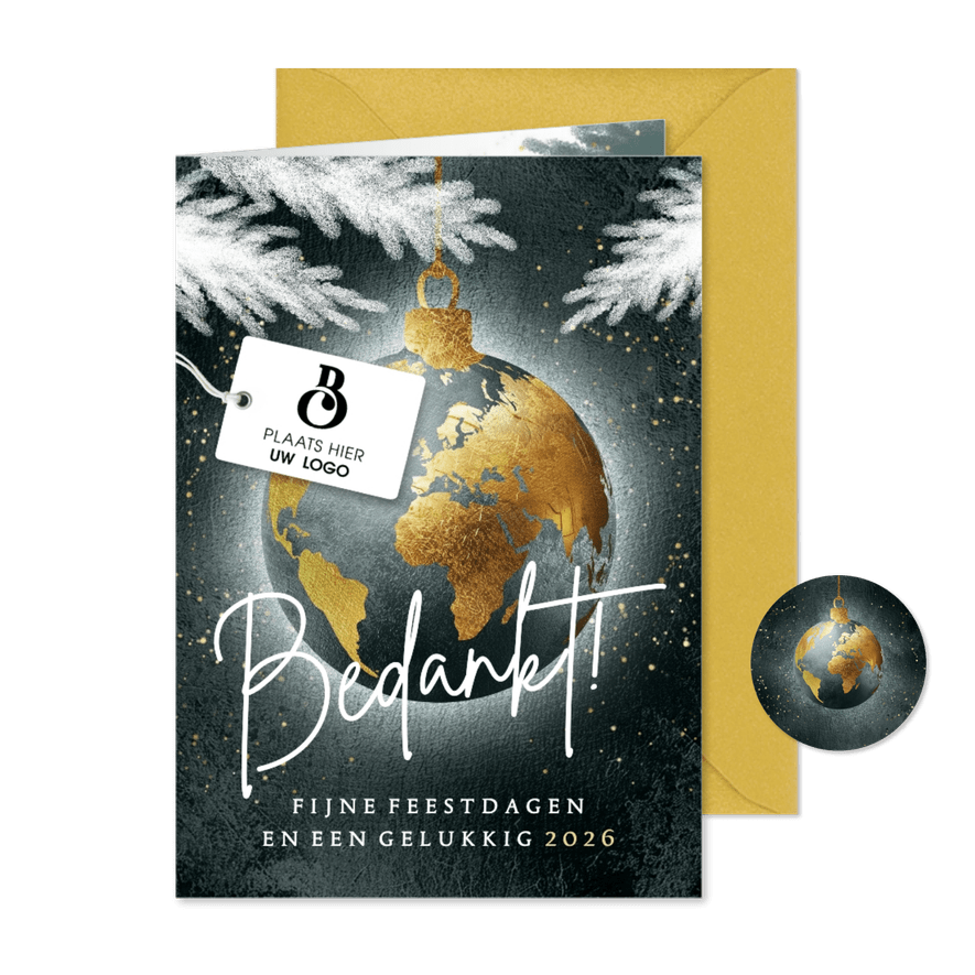 Luxe zakelijke kerstkaart met logo en wereldbol in goud - Kaartimpressie