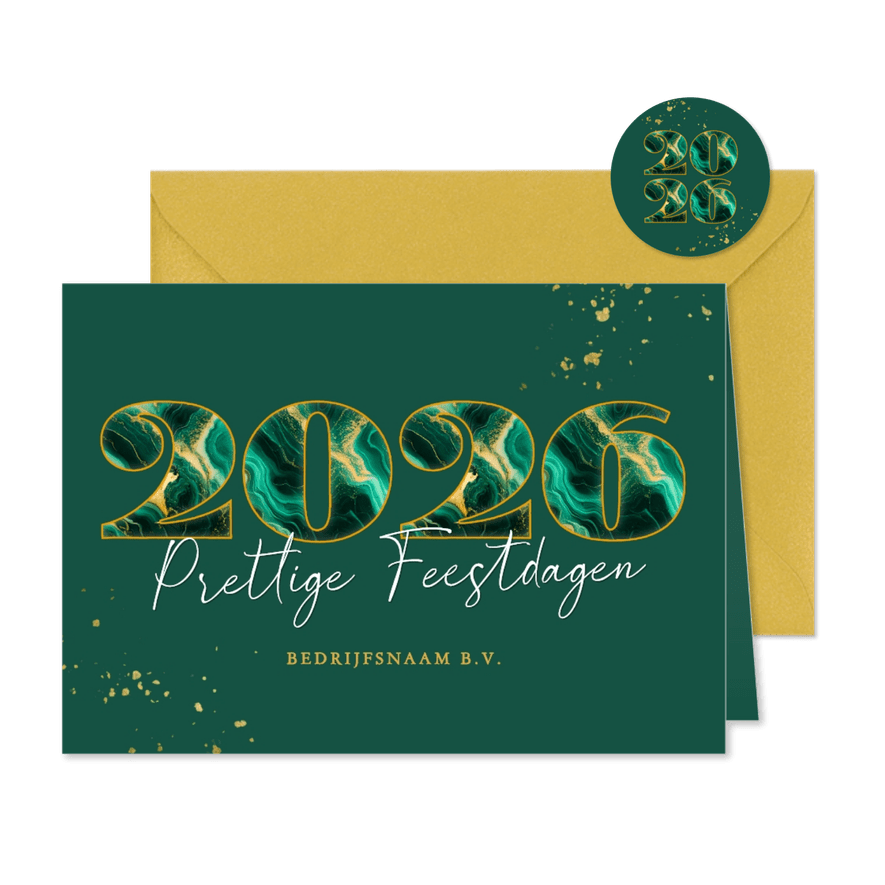 Luxe zakelijke kerstkaart met marmeren jaartal donker groen - Kaartimpressie