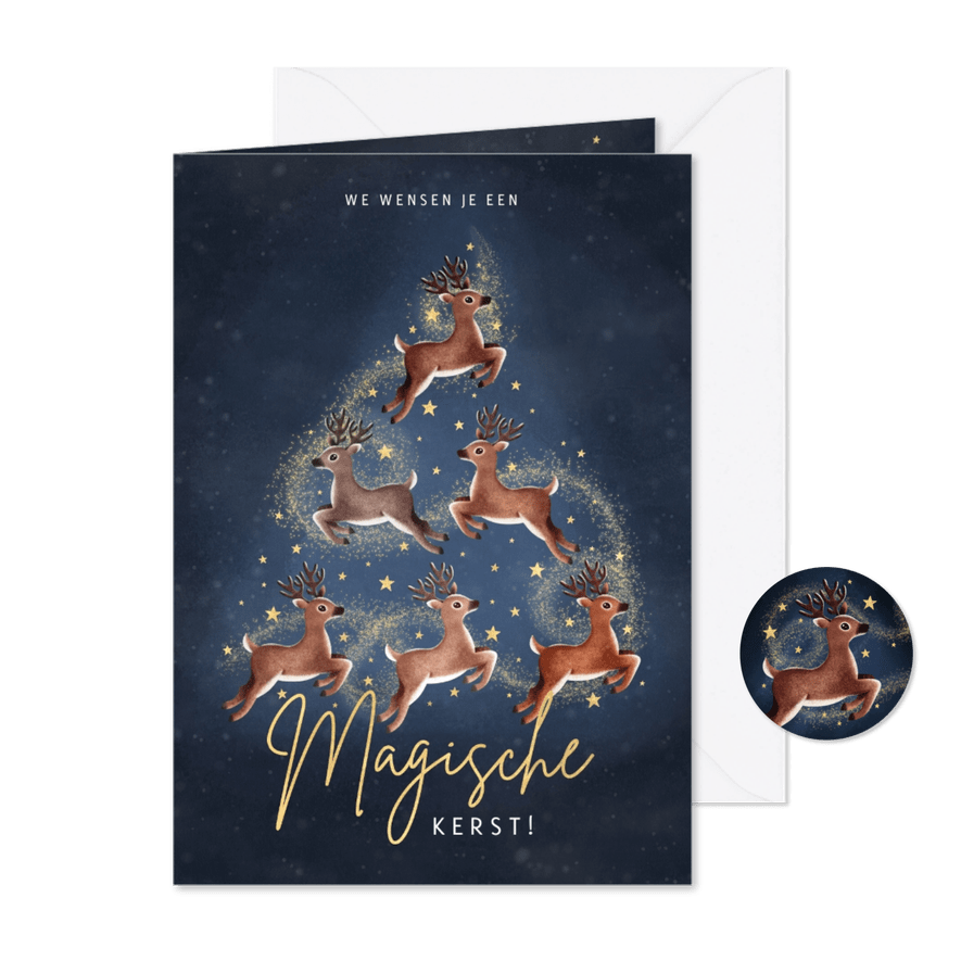 Magisch kerstkaart met rendieren sterren in kerstboom vorm - Kaartimpressie