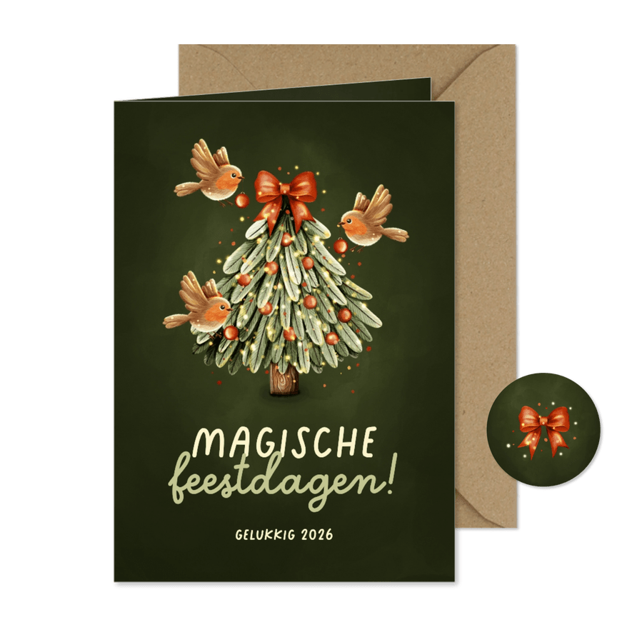 Magisch kerstkaartje kerstboom drie roodborstjes - Kaartimpressie