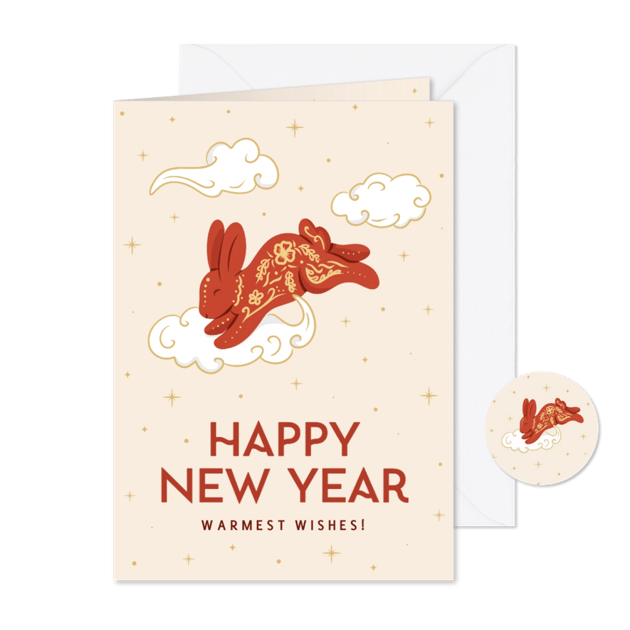 Magisch nieuwjaarskaart met illustratie konijntje sterretjes - Kaartimpressie