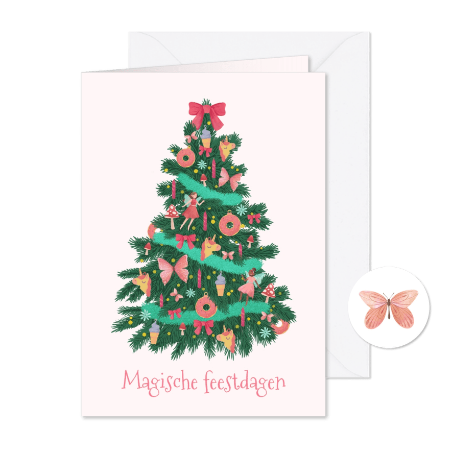 Magische kerstkaart kerstboom sprookjesachtig fee vlinders - Kaartimpressie