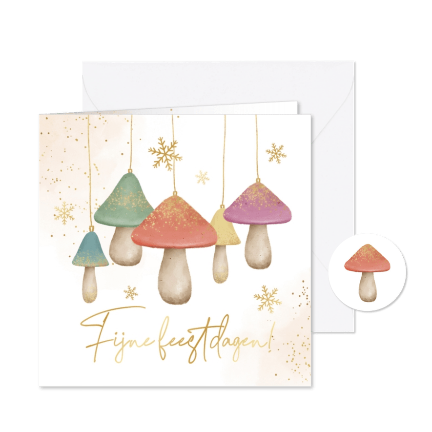 Magische kerstkaart paddestoelen trend sneeuwvlokken goud - Kaartimpressie