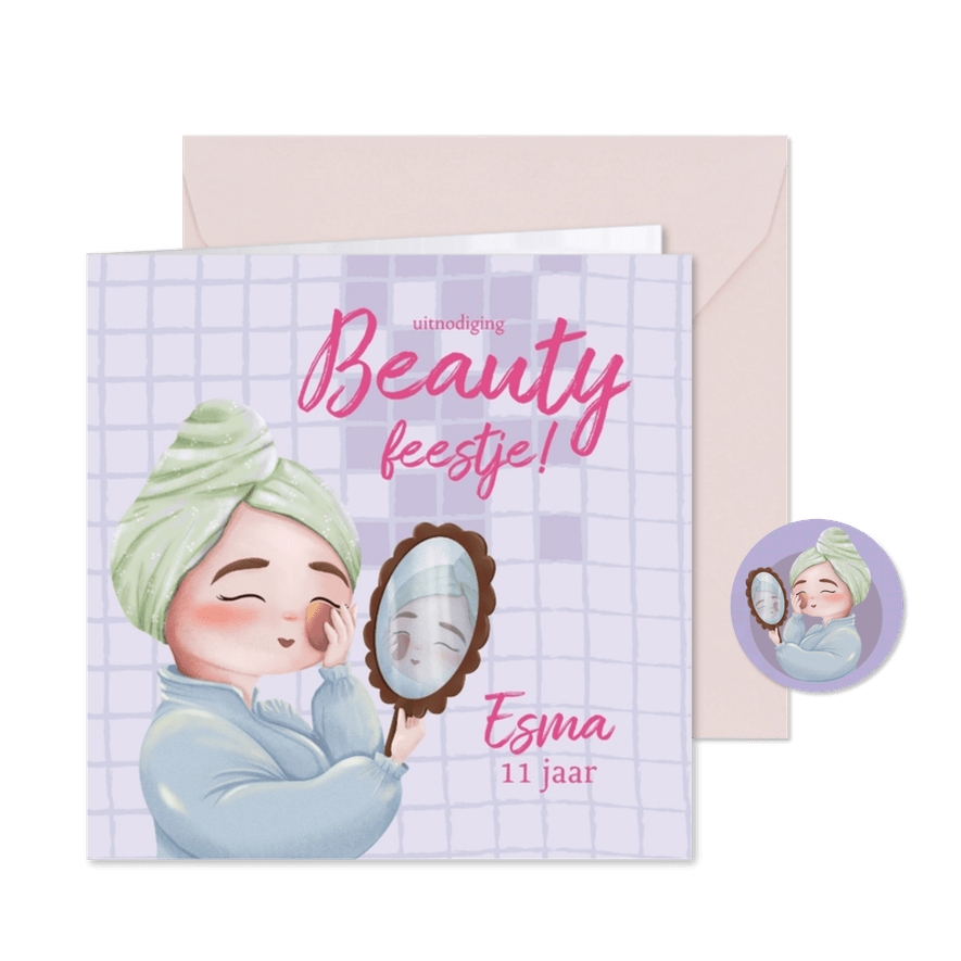 Make-up feest uitnodiging beauty party voor meiden - Kaartimpressie