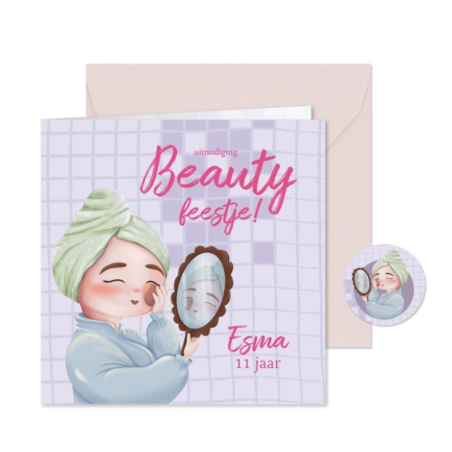 Make-up feest uitnodiging beauty party voor meiden - Kaartimpressie