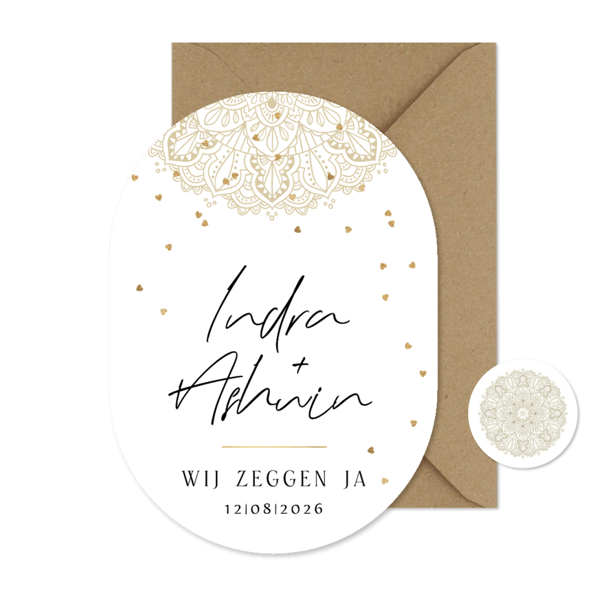 Mandala trouwkaart hartjesconfetti goud - Kaartimpressie