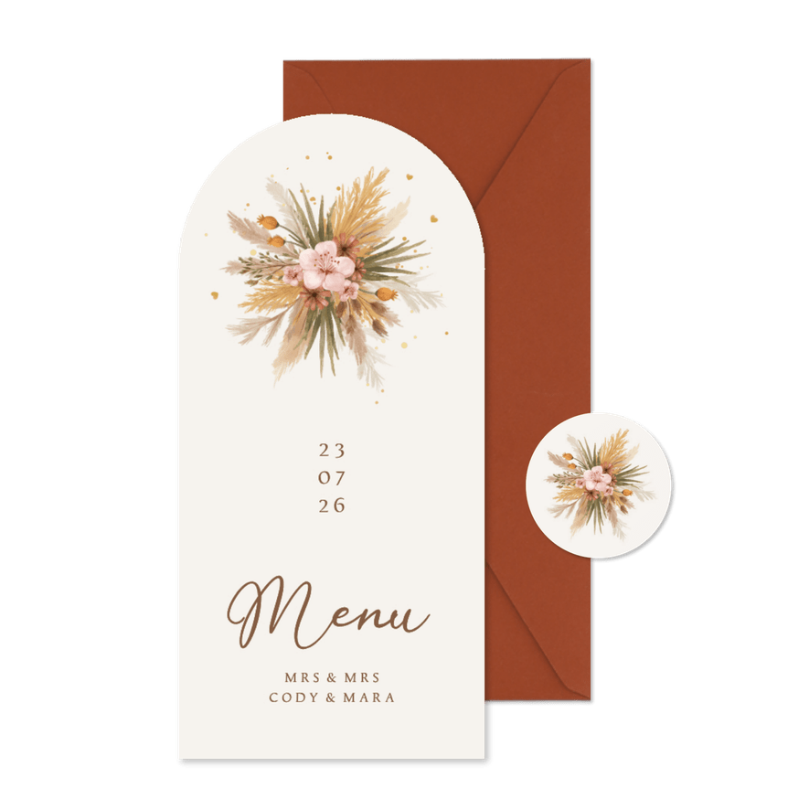 Menu boogkaart bohemian bloemen takjes gras romantisch - Kaartimpressie