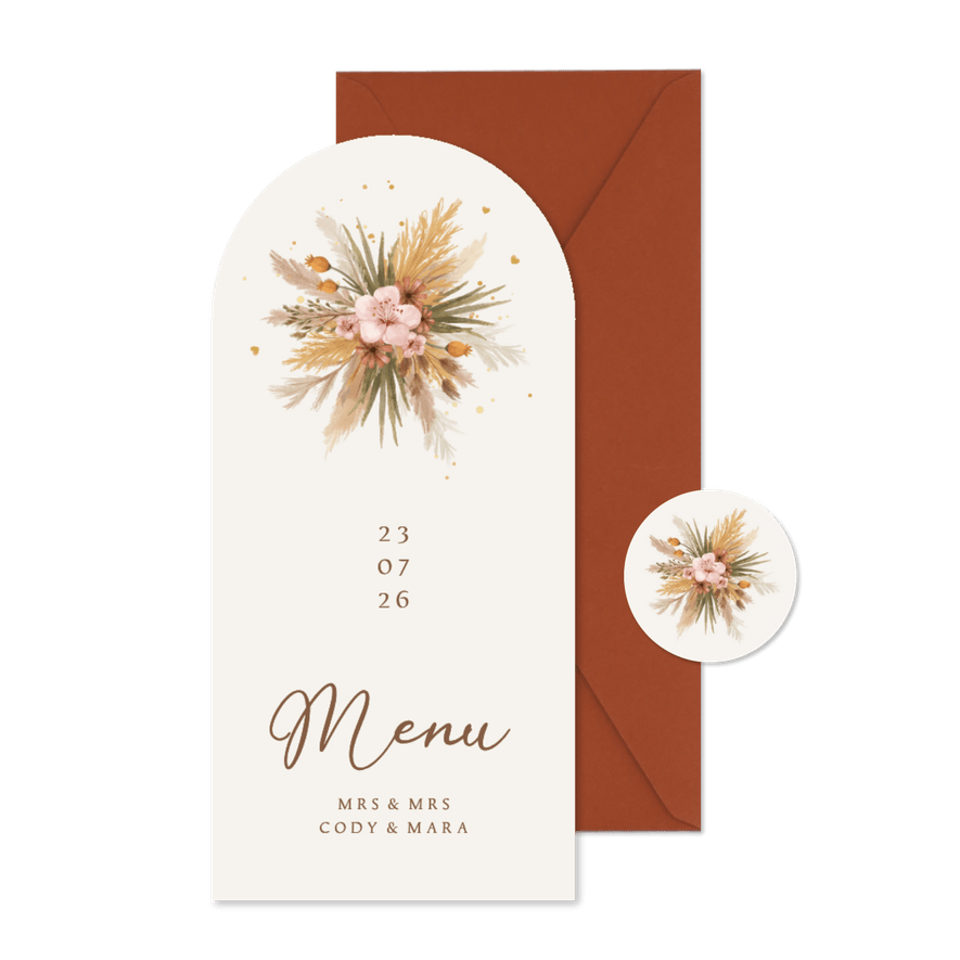 Menu boogkaart bohemian bloemen takjes gras romantisch - Kaartimpressie