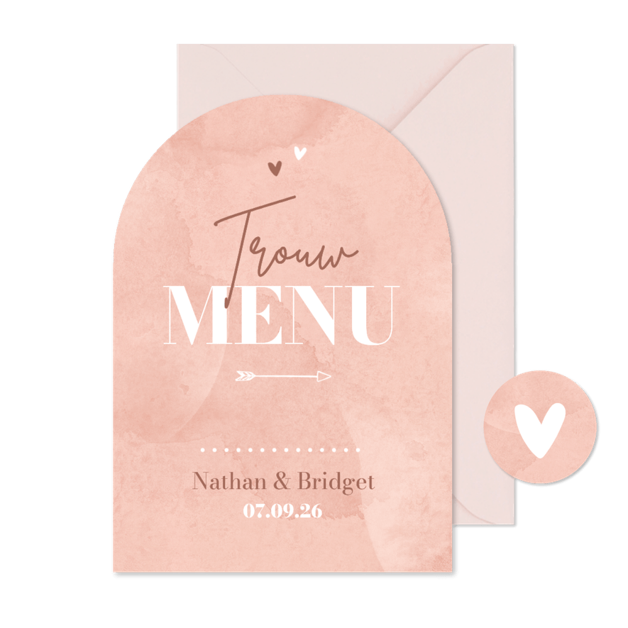 Menu boogkaart trouwen roze waterverf hartjes typografie - Kaartimpressie