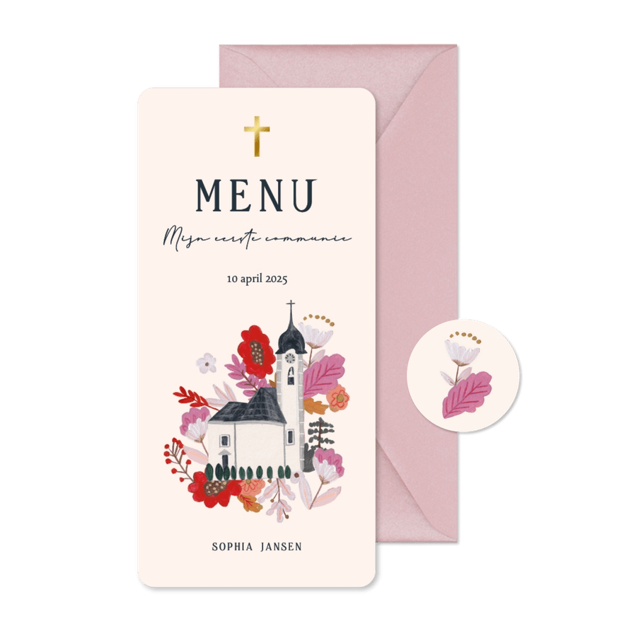 Menu kaart communie bloemen en kerkje - Kaartimpressie