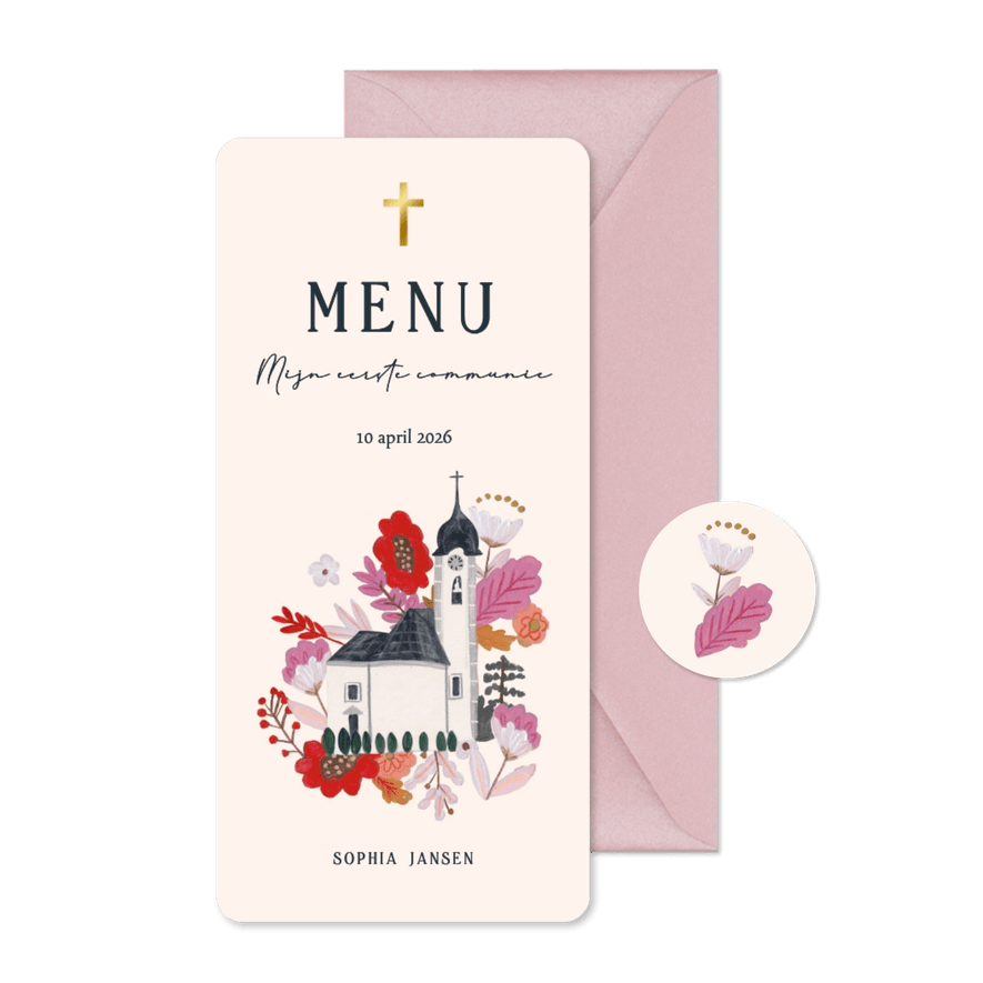 Menu kaart communie bloemen en kerkje - Kaartimpressie